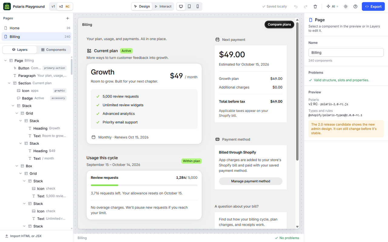 Polaris Playground showing a Billing screen with plan details, usage and payments, alongside component layers and the inspector